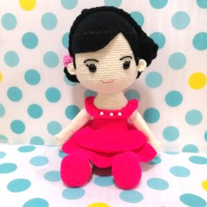 (15) Handmade Crochet Doll (Seated) Girl in Red Dress(H24.5cm)